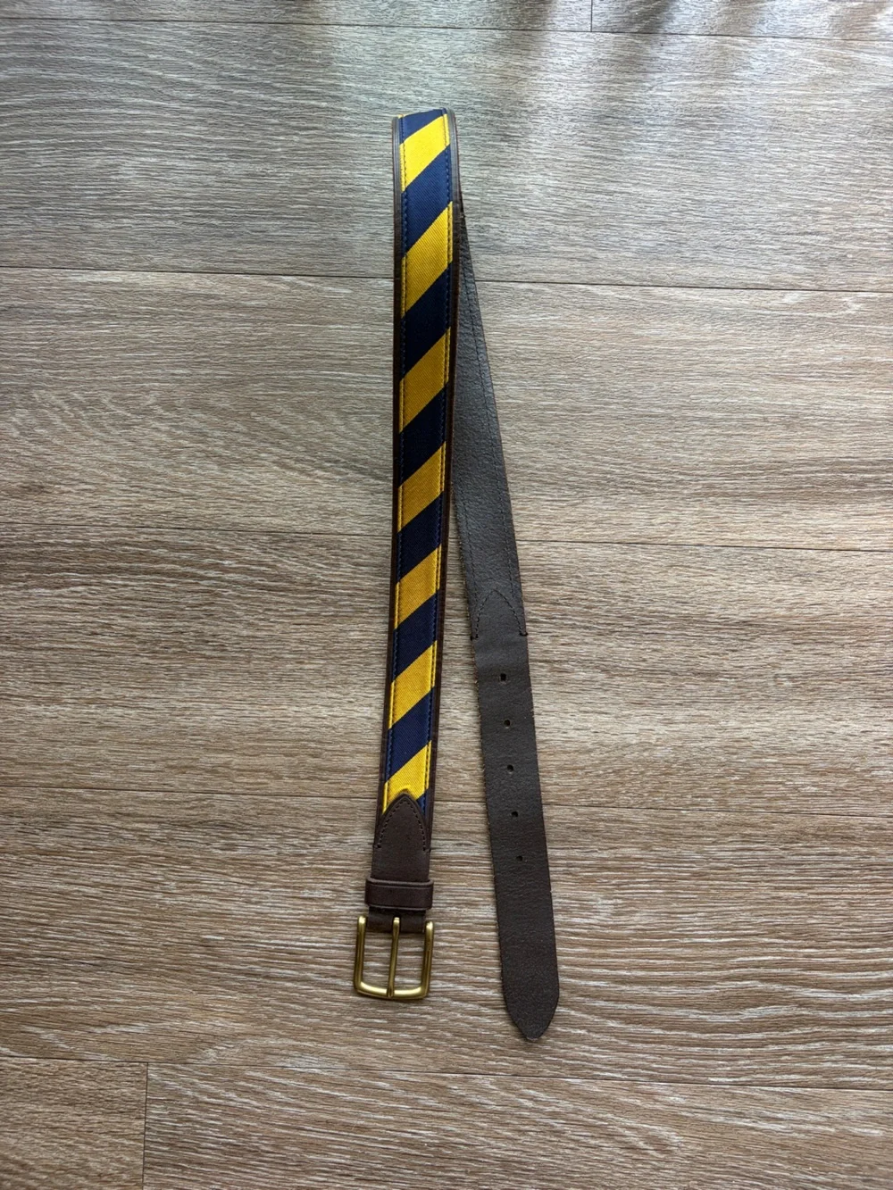 Polo Men’s 34 Striped Yellow & Navy Canvas Leather-Trim Men’s Belt